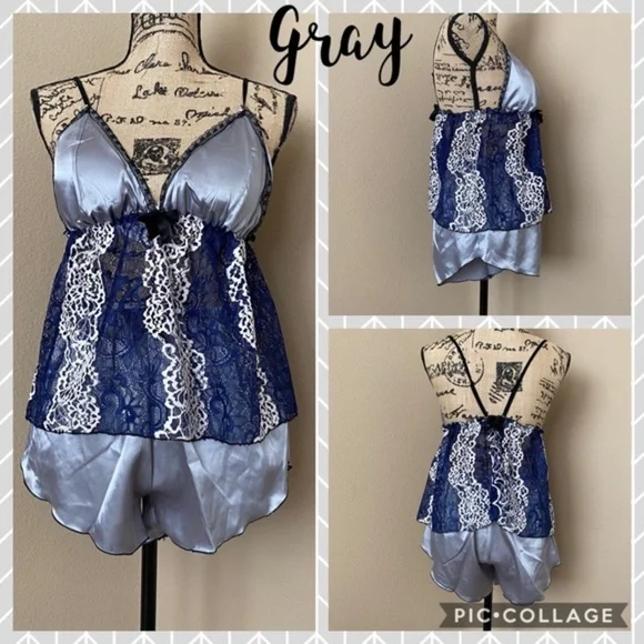 New Satin Silk-Like Lace PJs Set Assorted Color​ - Picture 5 of 8